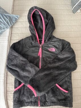 The North Face Girls' Charcoal Gray Hoodie with Pink Trim